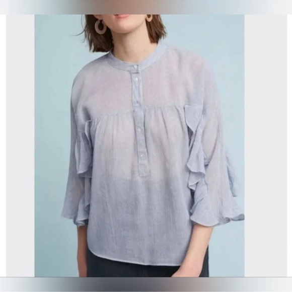 Mauve Tops - Ladies MAEVE Anthropologie Blue White Strip long Sleeve Ruffle Cotton SMALL